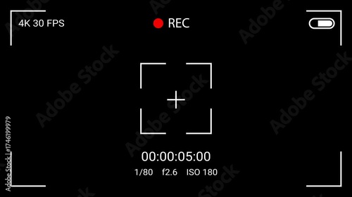 4k Camcoder overlay Video recording on black bacground,Camera recording screen interface with 30 second timer.