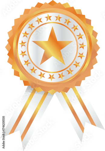 Golden Star Award Badge Vector – Premium Achievement Medal with Ribbon and Stars for Success, Excellence, and Recognition