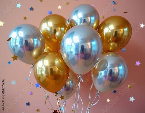 Vibrant Holographic Balloon Celebration with Confetti