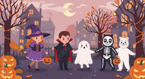 Adorable kids trick-or-treating in cute Halloween costumes under a spooky moonlit sky, perfect for seasonal events and family-friendly promotions this autumn