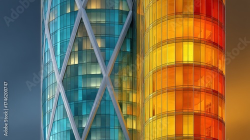 Modern Glass Skyscraper Facade with Vibrant Blue and Orange Architectural Design