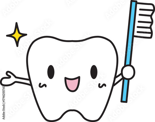 Cute illustration of a tooth with a toothbrush. Vector Illustration.