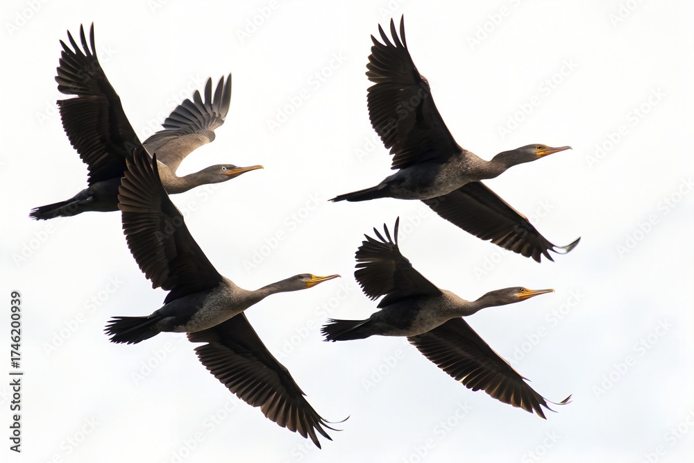 Obraz premium Anhinga Small Flock Flying Isolated