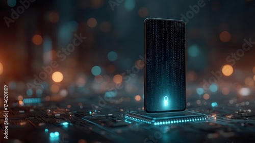 Futuristic Smartphone with Digital Security Lock Concept on Glowing Circuit Board Background