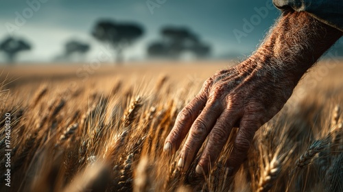 Cinematic Close-Up of Farmer’s Hand Touching Golden Wheat Field at Sunset