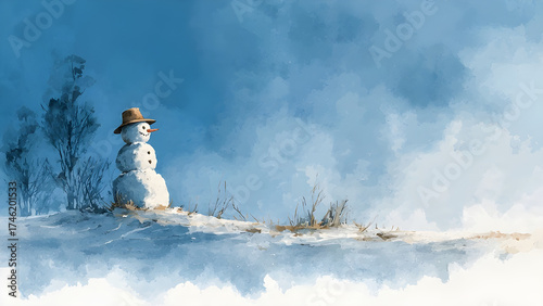 A watercolor painting of a winter landscape with a snowman, minimalist and Clean background