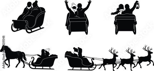 Christmas sleigh silhouette, festive winter scene, horse and reindeer, couple and family, holiday