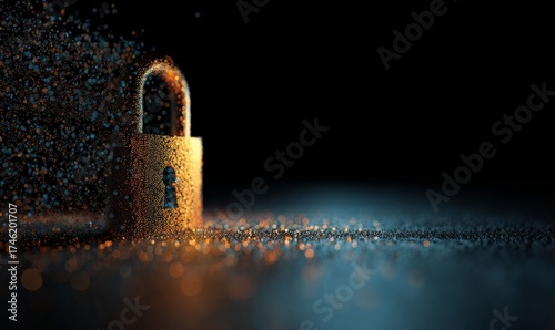 Digital Fortress: An artistic digital portrayal of a golden padlock, symbolizing security, protection, and the safeguarding of data against digital threats in a dark setting.