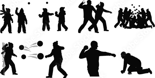 Snowball fight silhouette set, winter activity scenes, playful outdoor interaction graphics, festive motion artwork, black and white seasonal illustration collection