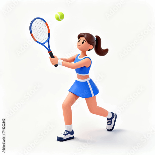 3D cartoon illustration of a female tennis player hitting a tennis ball during a match