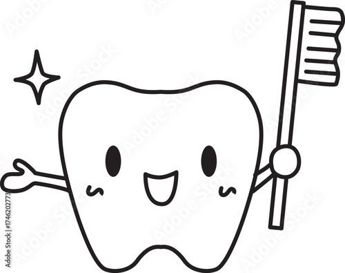 Cute line drawing of a tooth with a toothbrush. Vector Illustration.