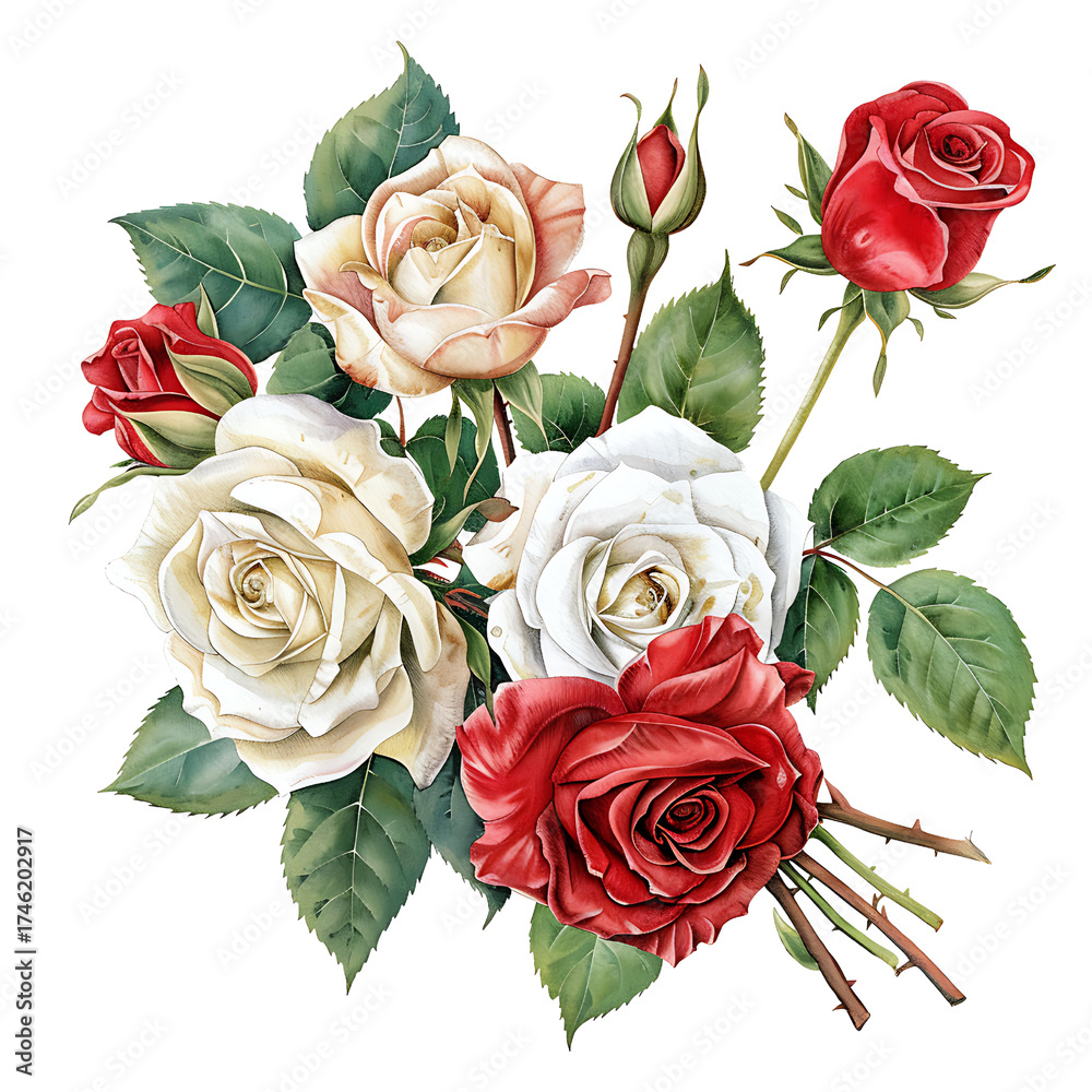 Naklejka premium A Rich Arrangement of Red and White Roses with Buds and Green Leaves on a Black Background red roses