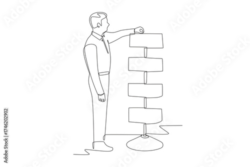 Man looking for items on shelves. Browsing racks concept one-line drawing