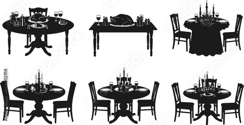 Black silhouette dining table vector set, holiday meal icons, festive dinner design, Thanksgiving celebration artwork, printable gathering illustration