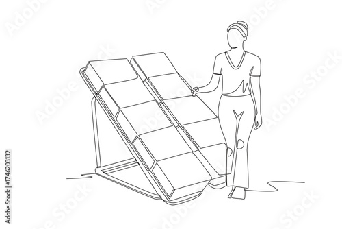 Woman looking for goods on the shelf. Browsing racks concept one-line drawing