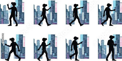 Virtual reality city interaction, silhouette figures with VR headsets, immersive digital experience, futuristic urban environment