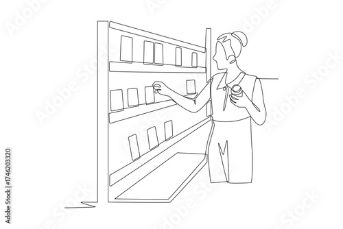Woman looking for books on bookshelf. Browsing racks concept one-line drawing