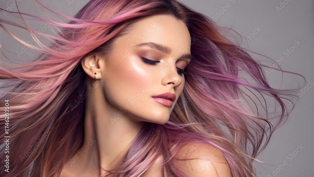 Fototapeta premium Portrait of a woman with long, flowing hair styled with pink and purple highlights, eyes closed.