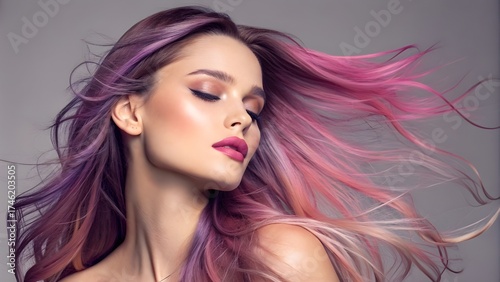 Portrait of a beautiful woman with long, flowing hair dyed in shades of pink and purple.