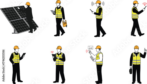 Construction worker technology vector set, safety helmet icons, field inspection design, mobile device usage, printable engineering artwork, modern job illustration