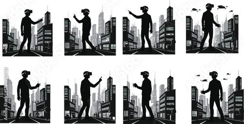 Virtual reality cityscape, futuristic urban interaction, immersive VR experience, digital architecture, tech innovation, silhouette user