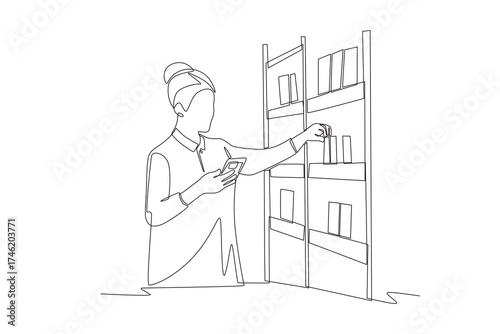 Woman looking for books on bookshelf. Browsing racks concept one-line drawing