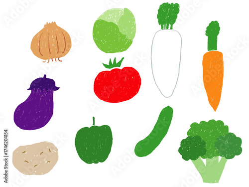 手描きあしらいセット　イラスト　アイコン　野菜　色鉛筆