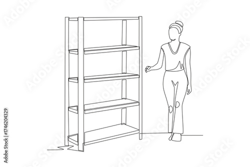 Woman looking for books on bookshelf. Browsing racks concept one-line drawing