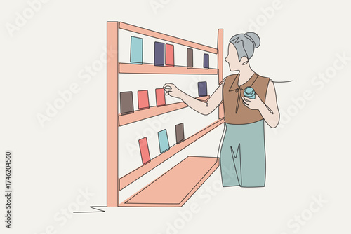 Colored woman looking for books on bookshelf. Browsing racks concept one-line drawing