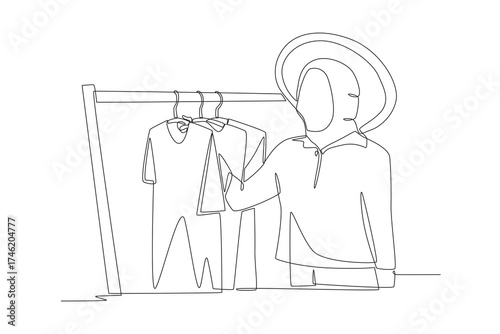 Woman looking for clothes on clothes rack. Browsing racks concept one-line drawing