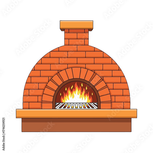 Vector illustration of brick pizza oven with flames inside
