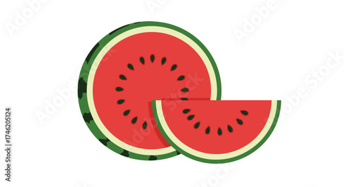 Sliced Watermelon Illustration with Seeds and Green Rind Detail.