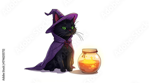 Cartoon black cat wearing a purple witch hat and cloak next to potion jar