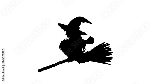 Silhouette of a witch with hat and flowing hair riding on a broomstick isolated
