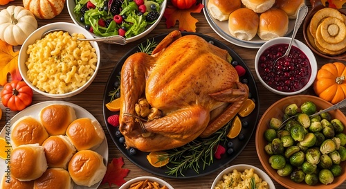 A bountiful overhead view of a traditional thanksgiving dinner spread featuring a golden roasted turkey cranberry sauce stuffing mashed potatoes brussels sprouts rolls and decorative pumpkins and autu