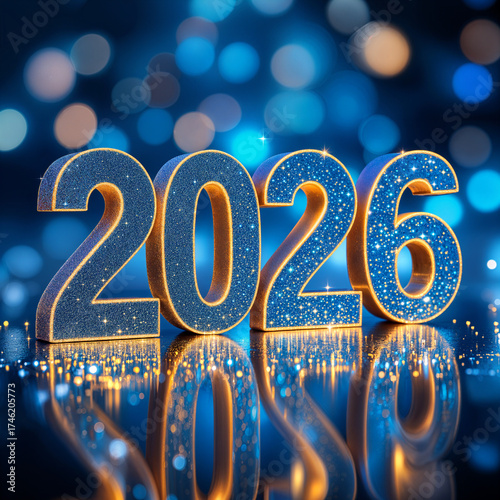 Sparkling Blue 2026 New Year Numbers on Reflective Surface with Glowing Lights and Bokeh Background Isolated on White P N G Download for Social Media Advertisement Banner