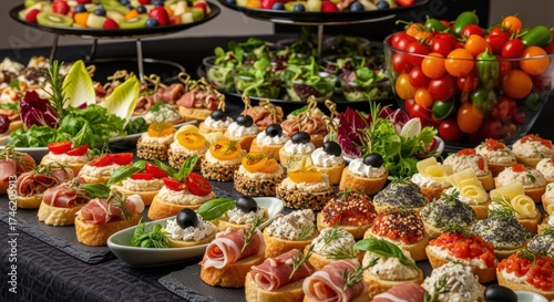 Assortment of savory canapés, mini sandwiches, and salads arranged on a black surface. Diverse selection of colorful hors d'oeuvres suitable for catering events, parties, or social gatherings.
