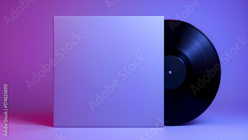 A vinyl record with a blank album cover is illuminated by vibrant, futuristic purple and pink neon lighting against a gradient background.
