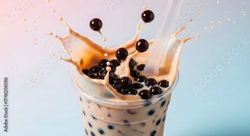 Captivating close-up of a refreshing boba tea splash, with pearls suspended mid-air