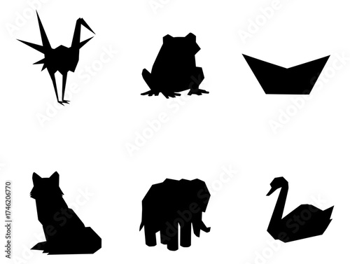 Black silhouettes of origami animals crane, frog, boat, wolf, elephant, and swan, for design use