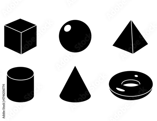 A vector icon set of fundamental 3D geometric shapes. Black solid forms including cube, sphere, and cone