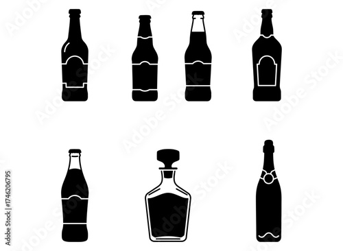 A vector graphic collection of black silhouette bottle icons for alcoholic beverages and drinks