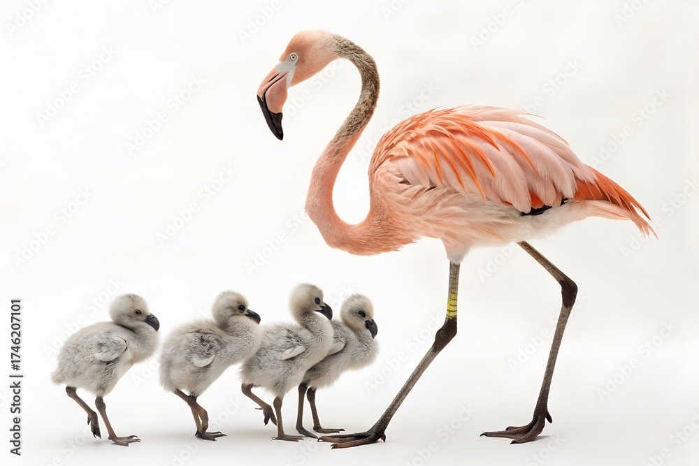 Obraz premium American Flamingo with Chicks Isolated on White