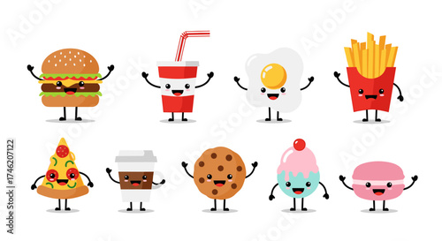 A delightful assortment of cartoon characters representing popular fast food and sweet treats for a fun food concept.