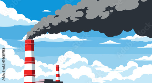 Industrial smokestacks emitting dark plumes of smoke into a cloudy sky above.