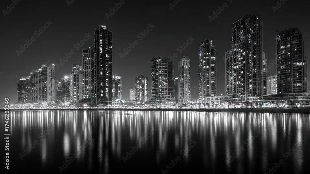 Fototapeta premium Monochromatic cityscape at night, reflecting in calm water, showcasing a variety of skyscraper heights and illuminations