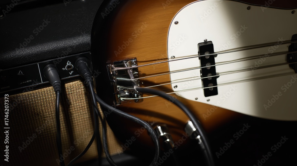 Fototapeta premium Bass guitar close-up with strings vibrating under spotlight, rock and funk music culture concept symbolizing rhythm, creativity, and live performance energy