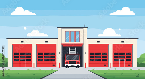 A fire station with several large red garage doors and a fire engine parked in the center.