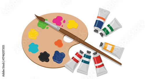 An art palette with tubes of paint and a paintbrush sits ready for a creative session.