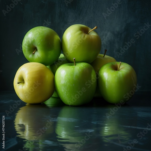 Still life of fresh green and yellow apples stacked on a dark reflective surface